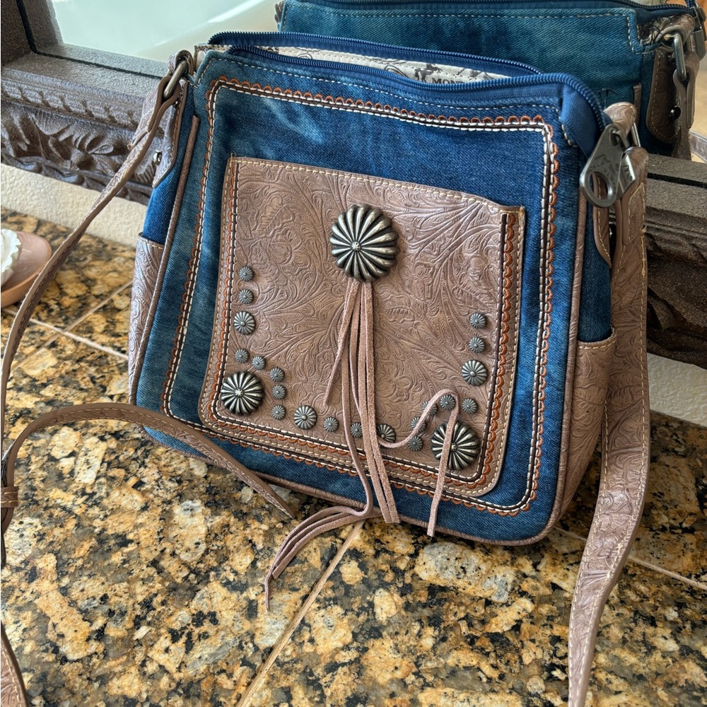 Montana West‎ Denim Western Crossbody Bag Concho Stud Fringe Cowgirl